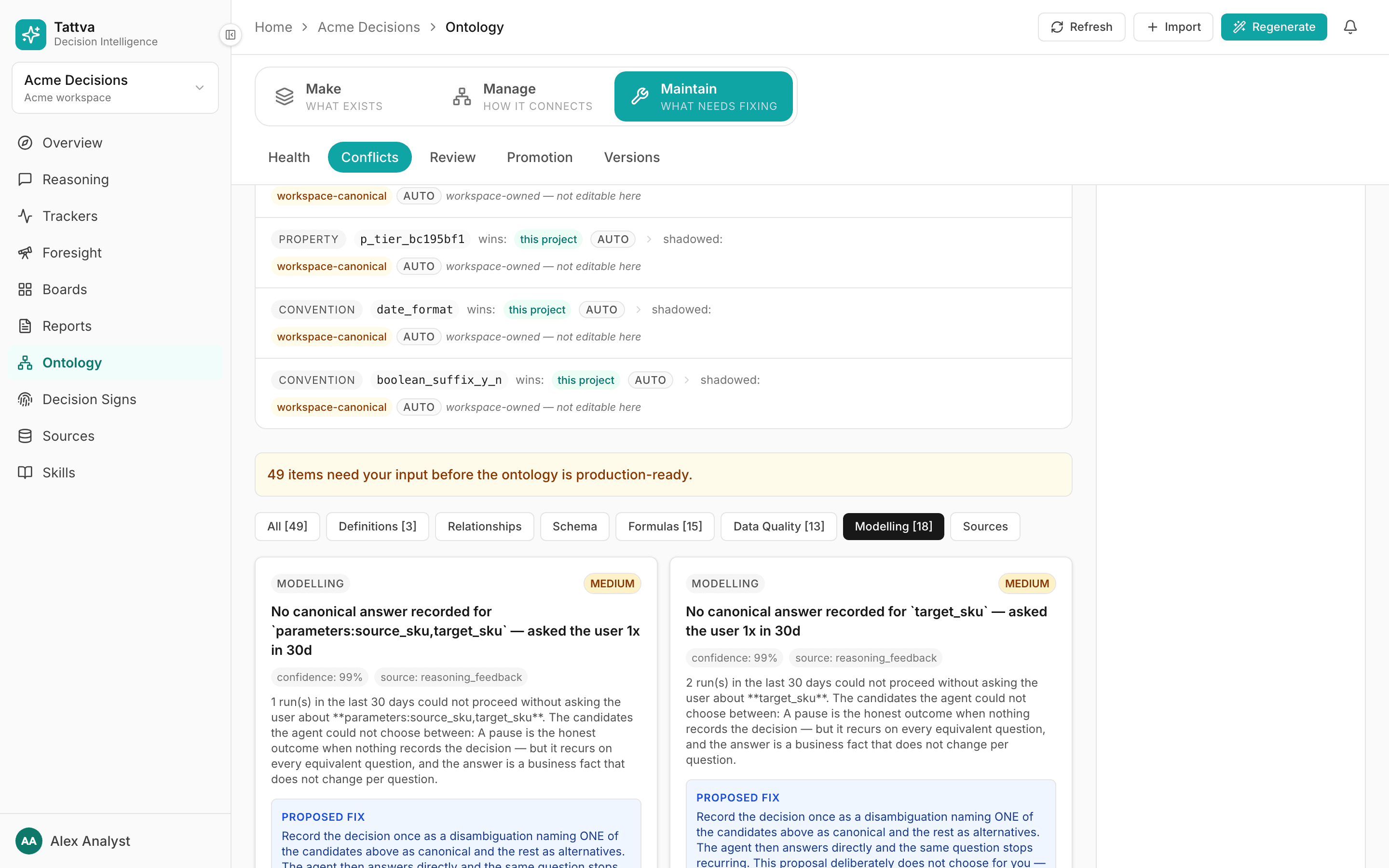 Conflicts tab with category filters and a Modelling finding