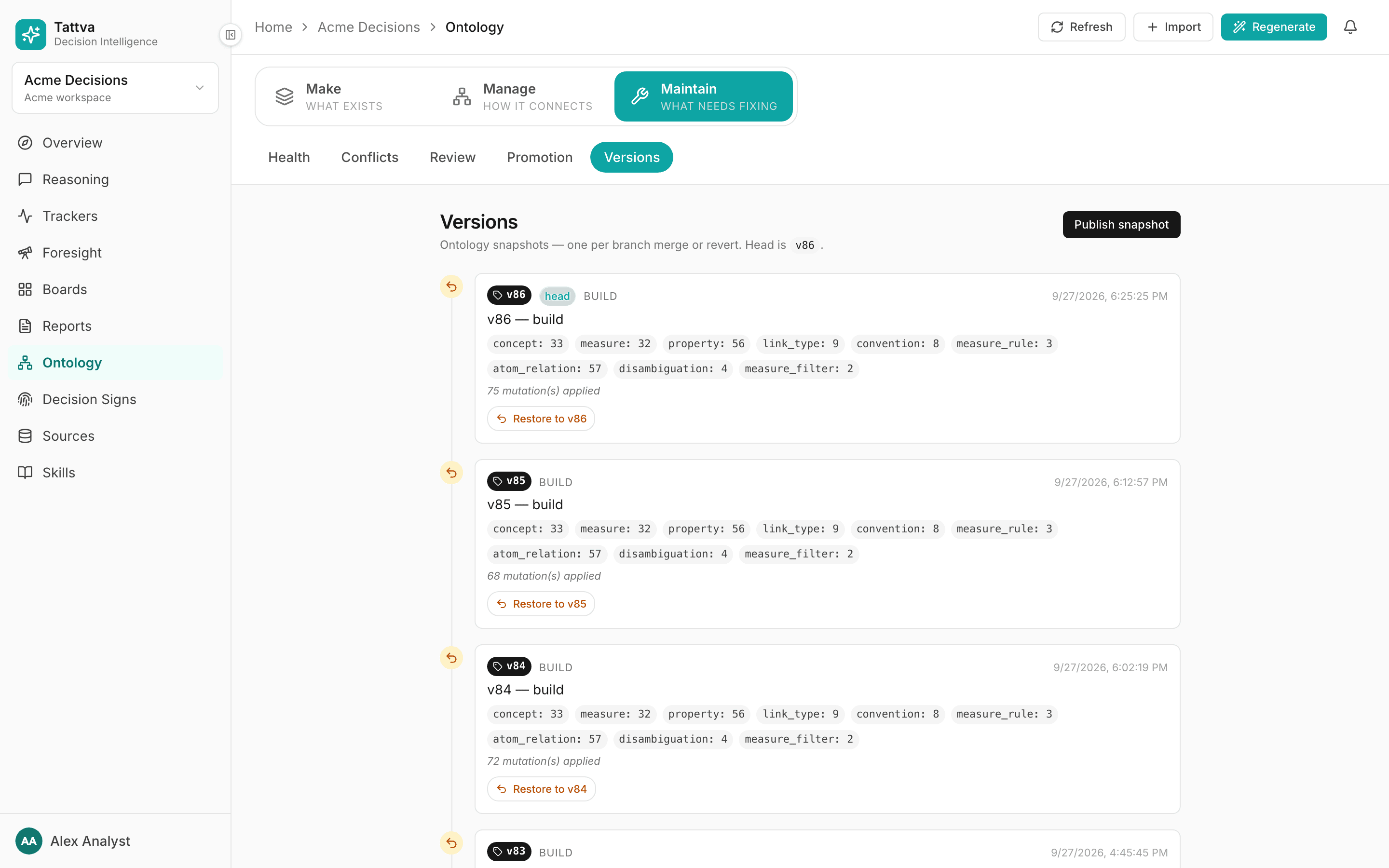 Versions timeline with snapshots and revert controls