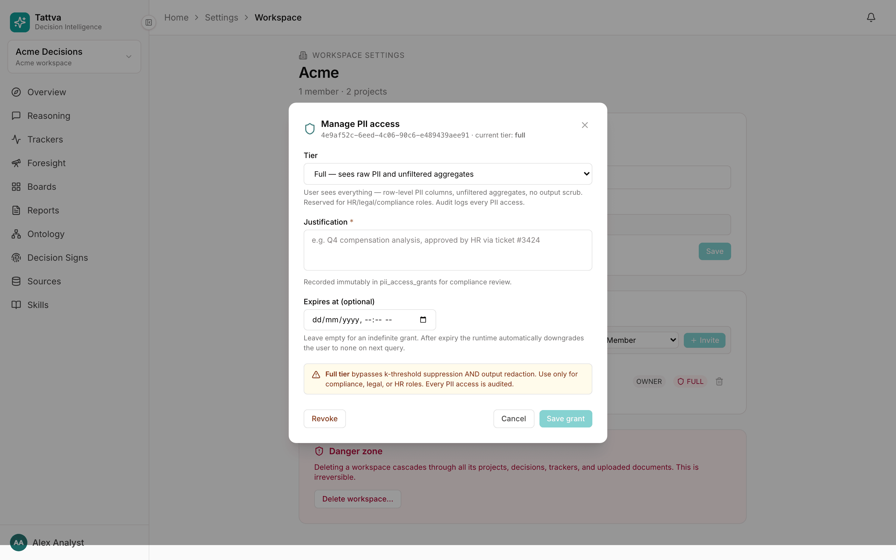PII clearance in workspace settings