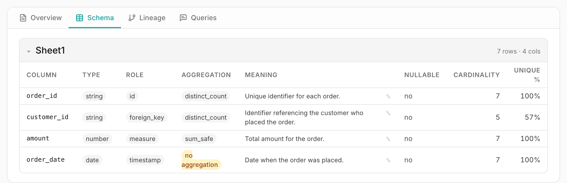 A source's Schema tab with column meanings, roles and aggregation