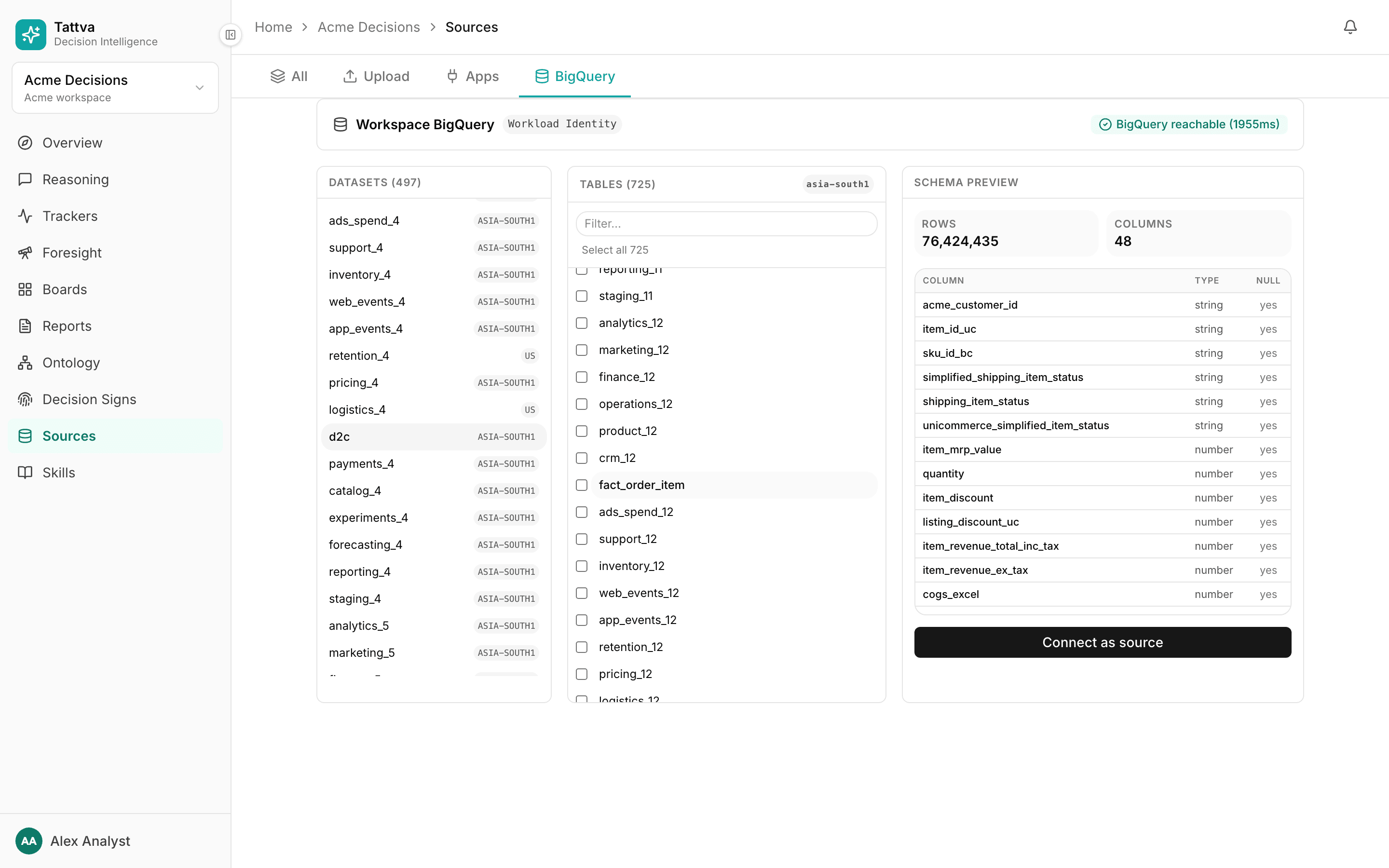 Sources › BigQuery: datasets, tables and the schema preview