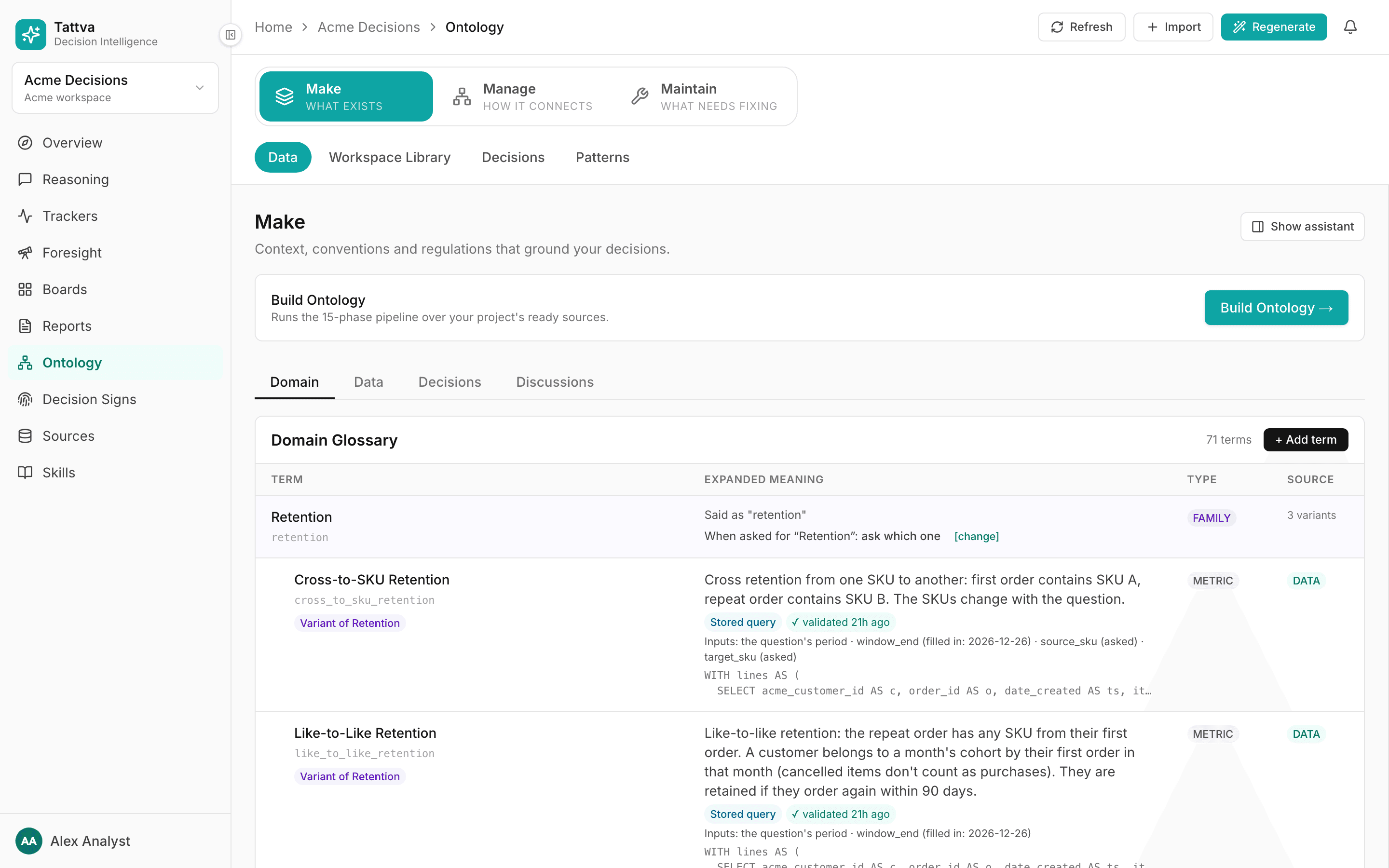 Make › Data › Domain: the Domain Glossary with metric rows and definition chips