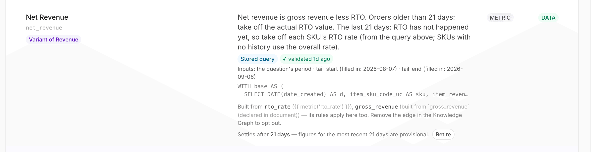 One metric row with its chips: Stored query, validated, per key column, and Inputs