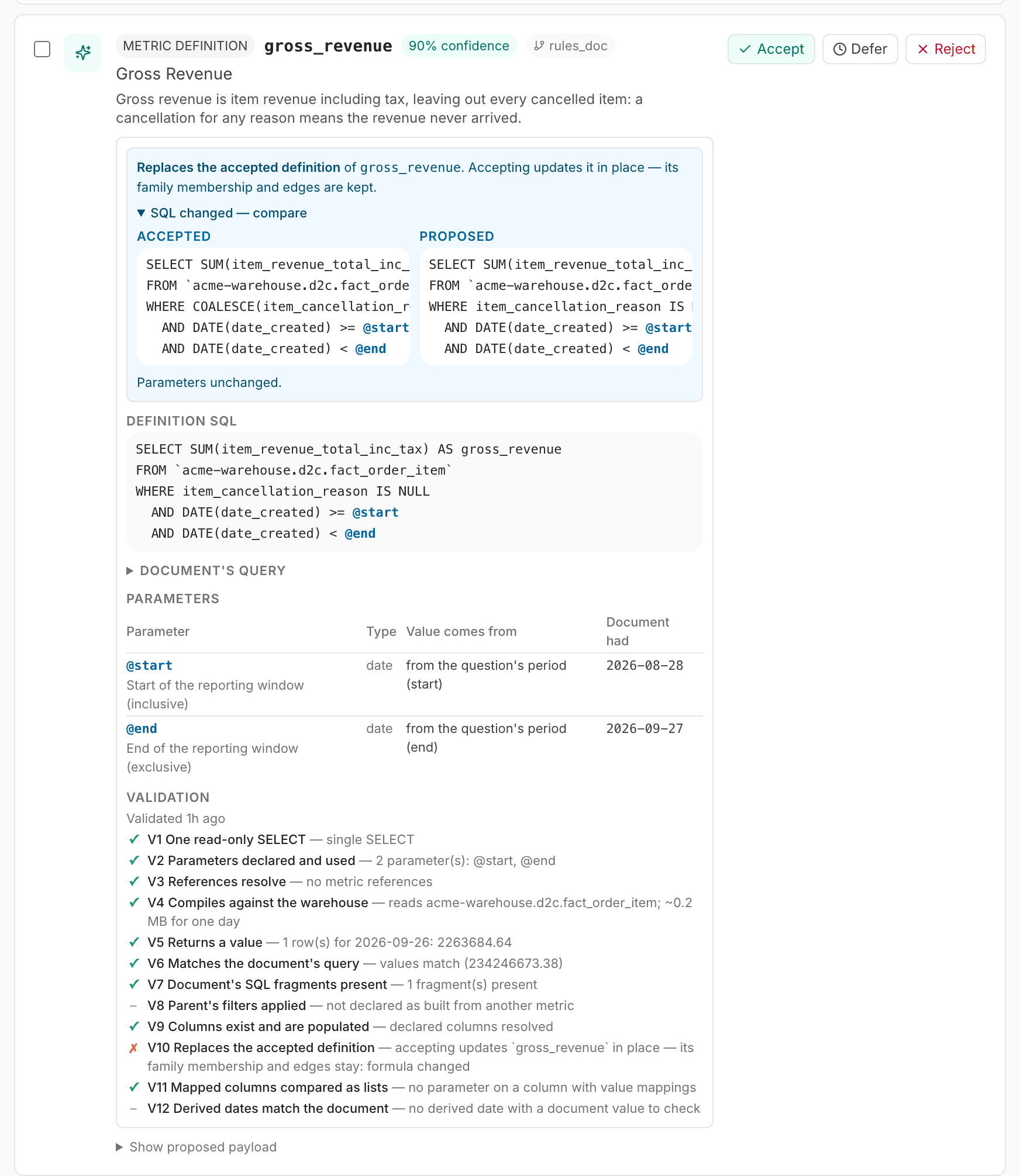 A candidate that replaces an accepted definition, with the SQL compare